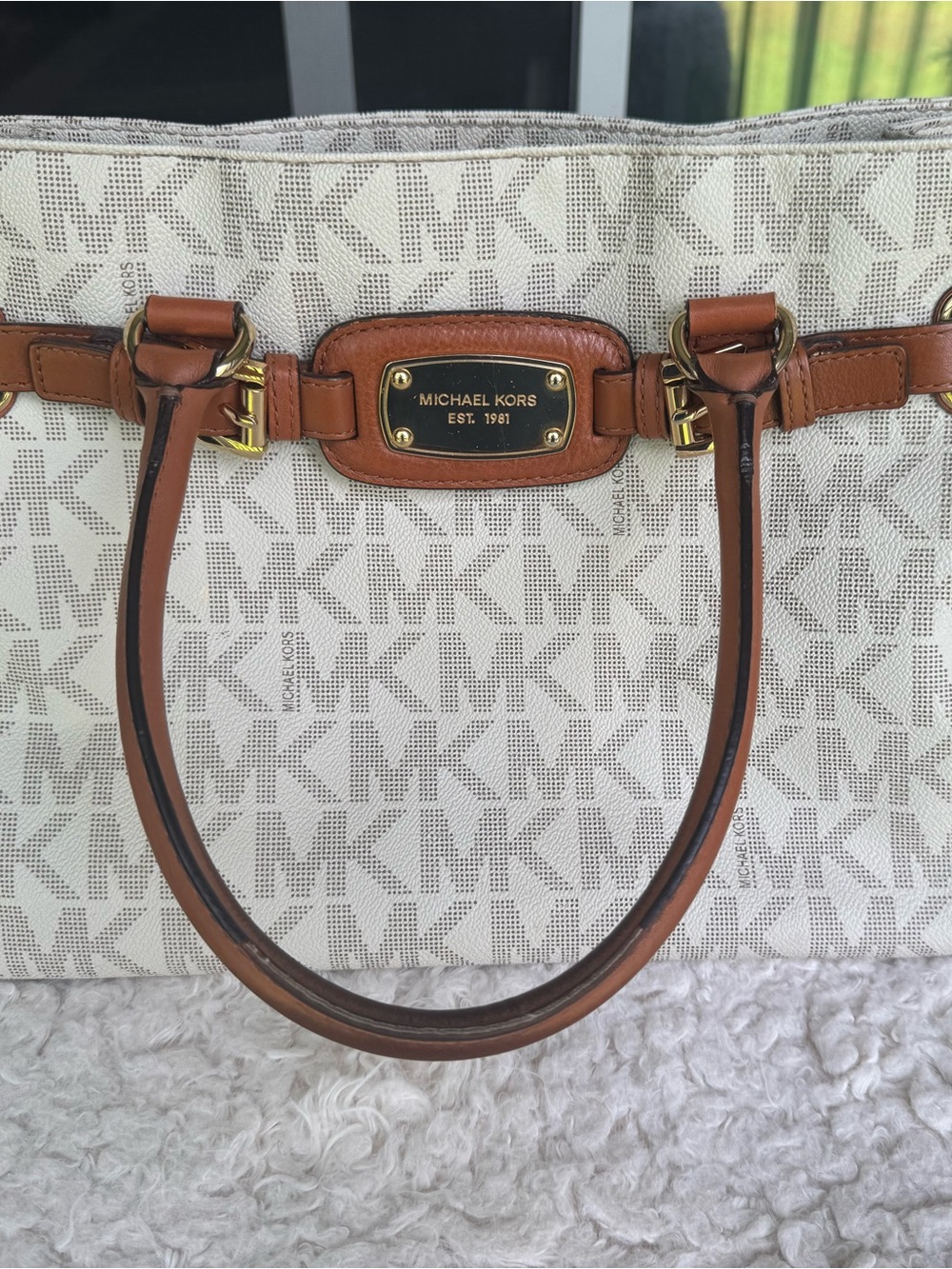 Michael Kors Cream MK Monogram Tote with Brown Leather Trim